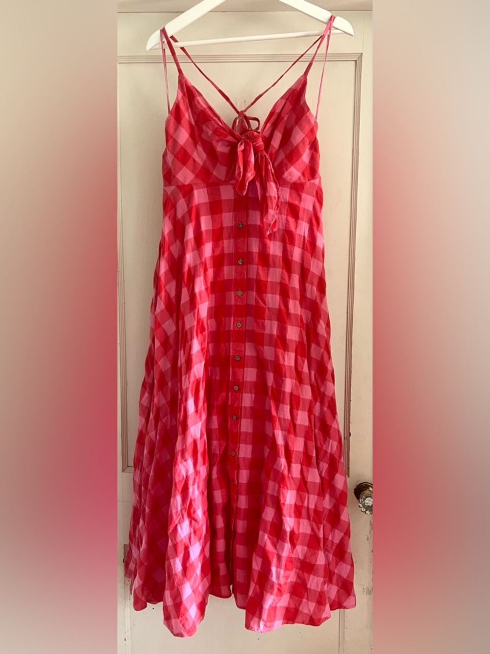 Free People Via Midi Dress In a Bohemian Red Gingham Print Size Small NWT - Picture 2 of 13